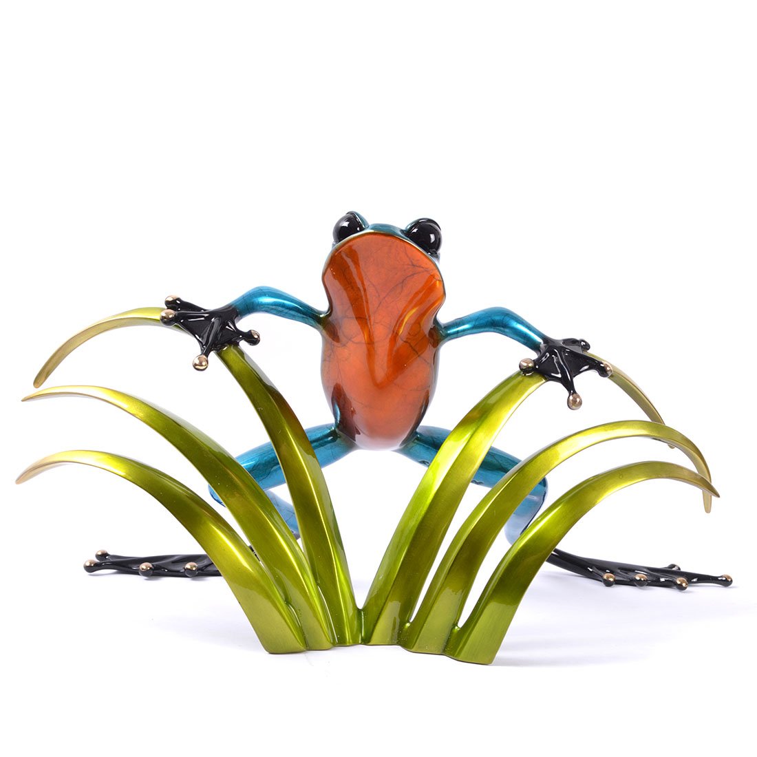 The Sherlock sculpture features a lively frog with a blue body and orange head playfully atop green leaves. Its long limbs create a dramatic, dynamic appearance in this colorful, animal-inspired bronze art piece.