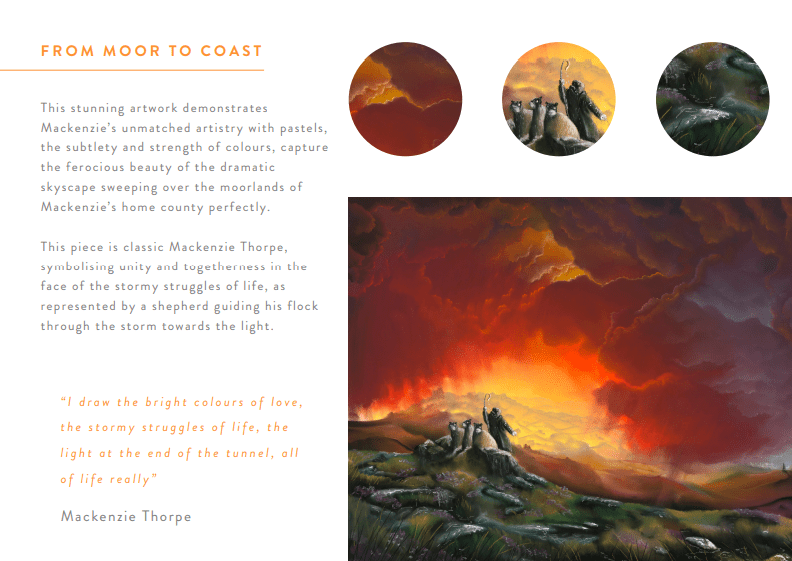 Mackenzie Thorpes vivid giclée on paper, From Moor To Coast, portrays a shepherd and flock in a stormy landscape, highlighted by a glowing red and orange sky with sunlight breaking through to illuminate the moorland.