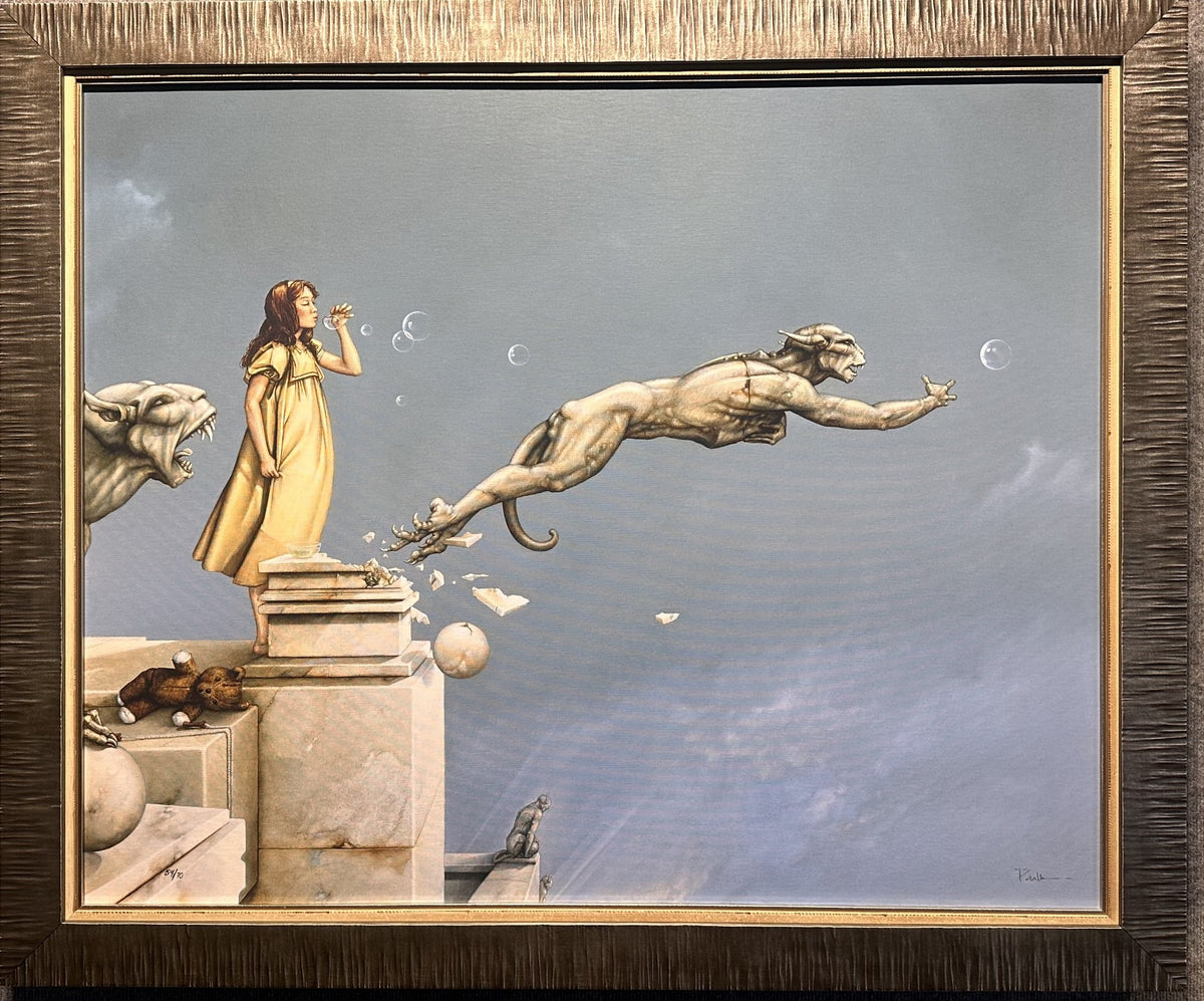 The painting Gargoyles (Sold Out) by Michael Parkes depicts a young woman in a yellow dress on a ledge, blowing bubbles. A winged gargoyle leaps toward the bubbles, joined by other gargoyles against a cloudy blue sky in this magical realism scene.