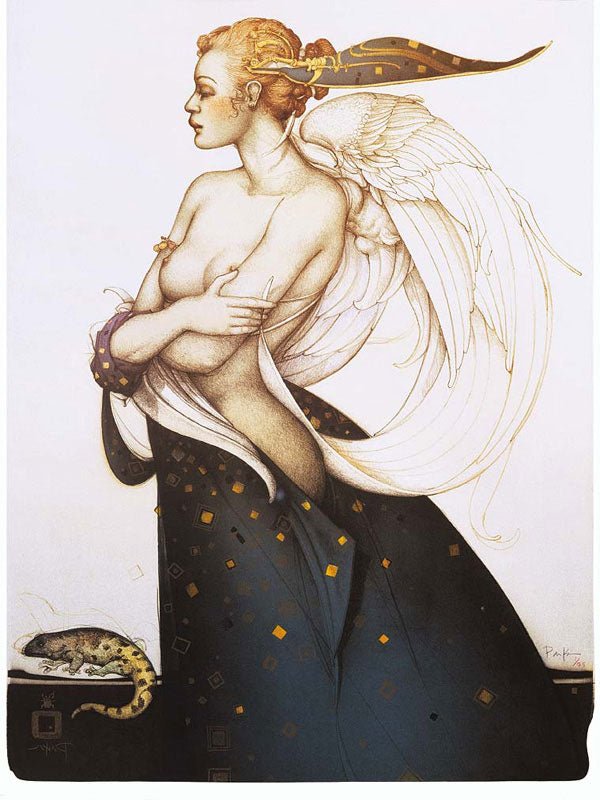 A woman with angelic wings, wearing a dark patterned skirt stands in profile with arms crossed, hair adorned, and beside her on the ground sits The Golden Salamander. Inspired by Michael Parkes fine art lithographs.