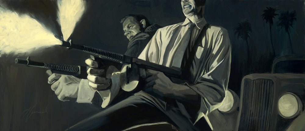 The original oil on canvas, Gonna Cut You Down, depicts a dramatic noir-era showdown where two suited men face off: one fires a tommy gun while the other stands behind him. Set near a vintage car with shadowed palm trees, it captures a cinematic masterpiece of action and suspense.