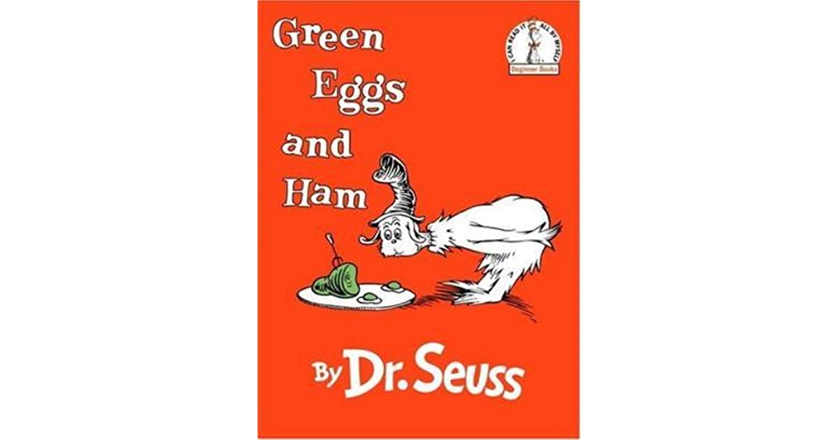 The cover of Dr. Seusss beloved childrens book, Green Eggs &amp; Ham, showcases a whimsical creature in a hat curiously inspecting a plate with green eggs and ham on an orange background.
