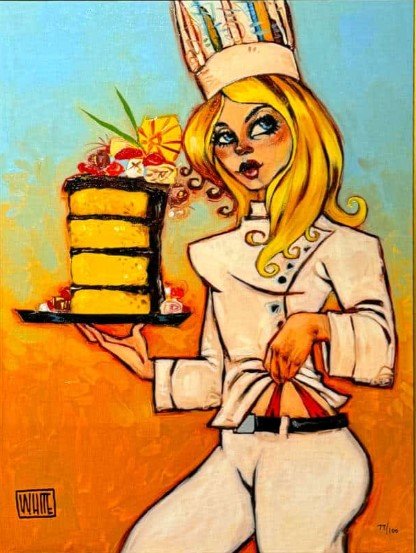 A female chef with long blonde hair in a white outfit and hat holds a tall decorated cake on a tray. The playful background features blue and orange hues with artistic brushstrokes, reflecting the product Have Your Cake and Eat it Too.