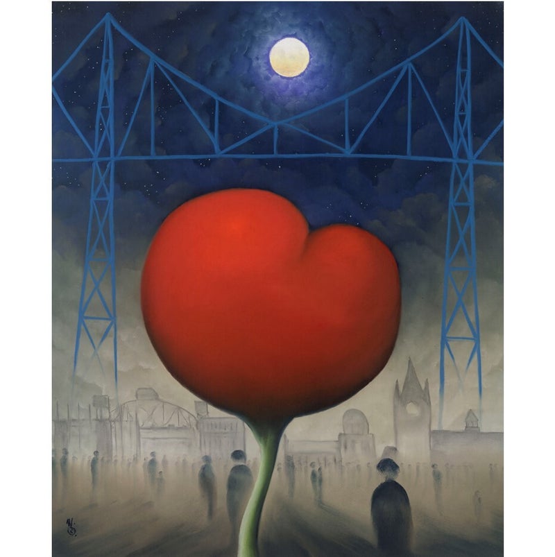 A surreal painting titled Heart of the North features a giant red heart-shaped flower with a green stem in the foreground, set against Mackenzie Thorpes Tees Transporter Bridge and silhouetted figures under a full moon, all enveloped in a dark, moody sky.