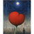 A surreal painting titled Heart of the North features a giant red heart-shaped flower with a green stem in the foreground, set against Mackenzie Thorpes Tees Transporter Bridge and silhouetted figures under a full moon, all enveloped in a dark, moody sky.