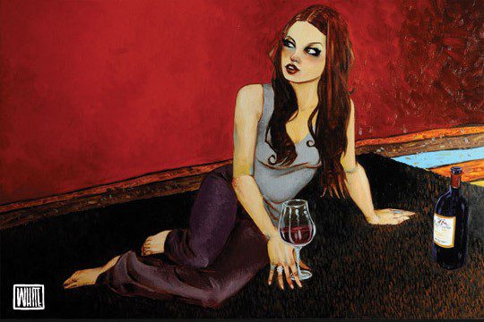 The artwork Her Satisfied Place depicts a woman with long brown hair lounging on a dark floor against a red wall. Shes in a gray top and purple pants, holding a glass of red wine with a bottle nearby. Its an ideal addition to any Marcus Ashley Fine Art Gallery collection, reminiscent of Todd White Art.