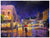 Historic Rain, an impressionistic painting by Michael Flohr, captures a rainy city street at night. People walk with umbrellas, reflecting vibrant city lights on wet pavement. Buildings glow warmly against a deep blue and purple sky.