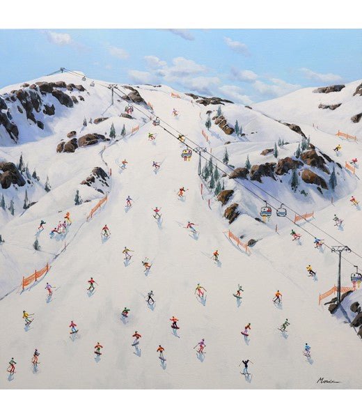 Hitting the Slopes paints a picturesque scene of a snowy mountain where skiers glide gracefully, ski lifts transport more enthusiasts under fluffy clouds, with rocky outcrops and trees completing the serene landscape.