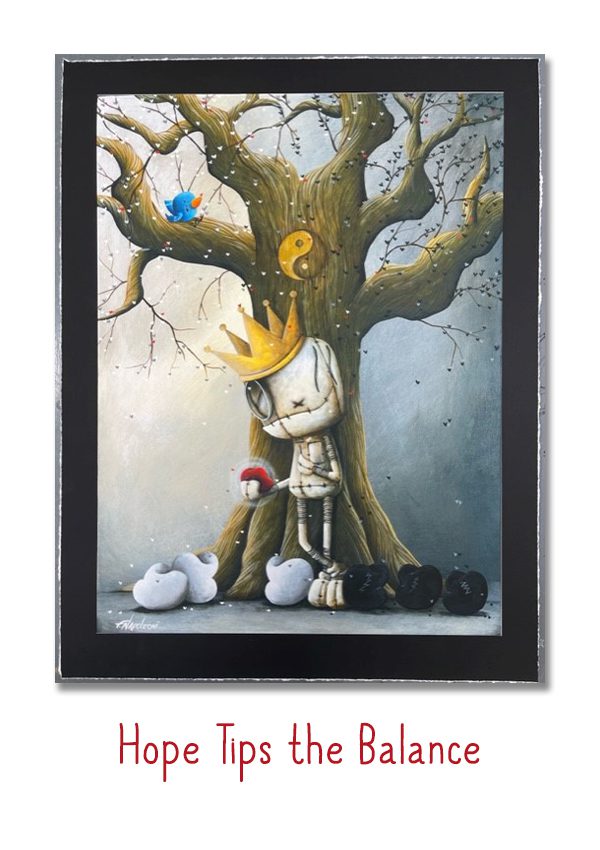 The painting Hope Tips The Balance features a crowned figure, the King of Heart, leaning against a yin-yang tree. Surrounding the figure are branches cradling a blue bird and white and black mice, symbolizing the delicate balance of good and bad.