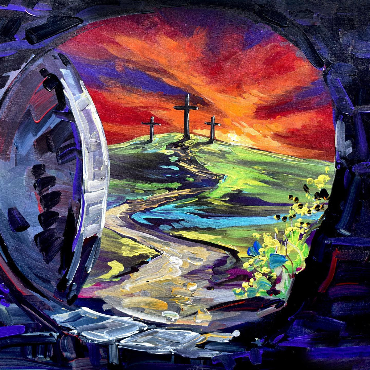 Hope features three crosses on a hill beneath a colorful sky, viewed from inside a dark cave. The scene includes a winding path leading to the crosses with flowers on the right.