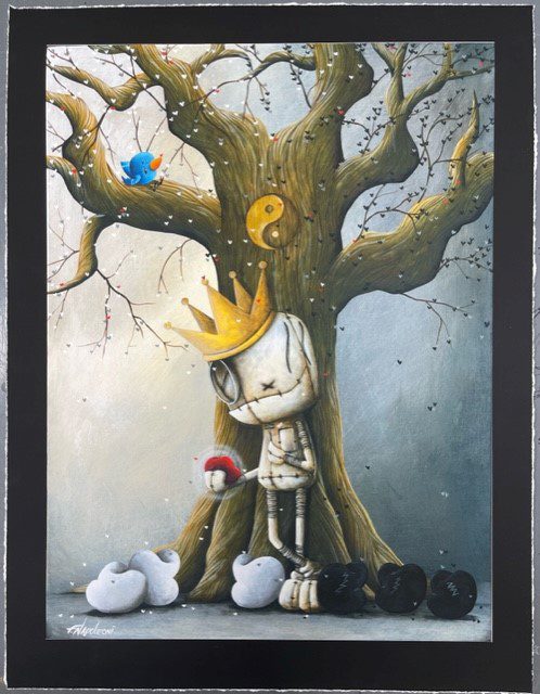 A skeletal figure reminiscent of Hope Tips The Balance wears a crown, leans against a tree with a yin-yang symbol, holding a small red and white object. A blue bird perches above while black and white shapes at the base represent the balance of good and bad.