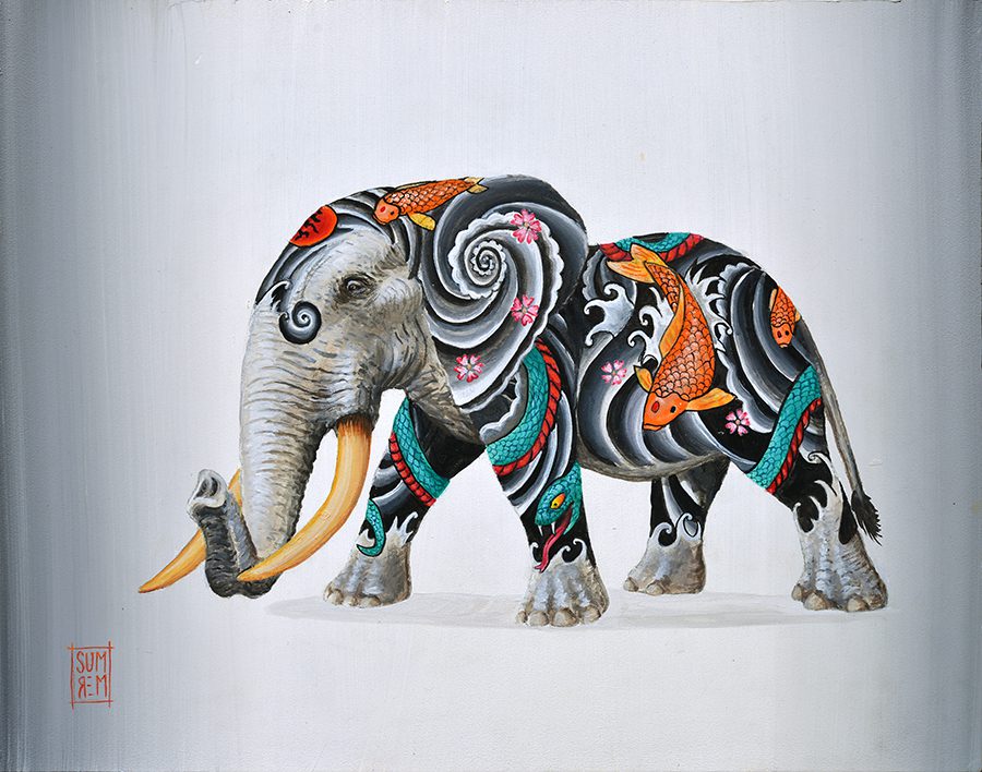 The product Horiyoshis Pride showcases an elephant covered in detailed Japanese tattoo art with koi fish and swirling waves on a plain gray background, resembling giclée on canvas and capturing the essence of traditional craftsmanship.