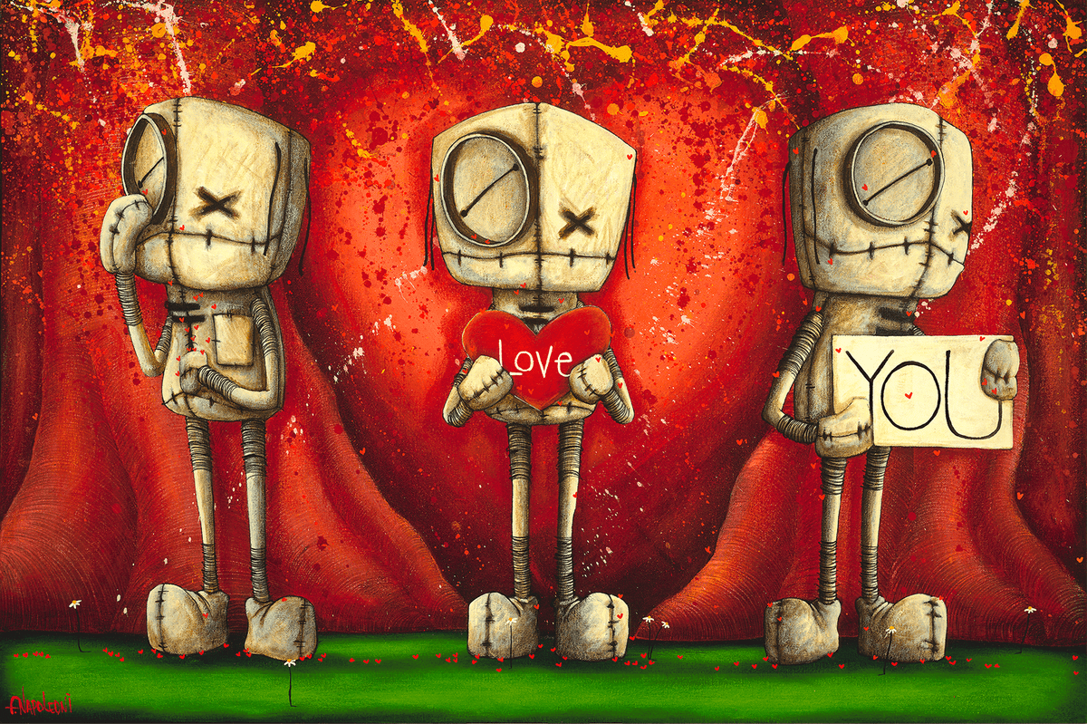Three stylized figures with stitched faces stand against a vibrant red and orange background. The first covers its eyes, the second holds a LOVE heart, and the third holds a YOU sign. Fabio Napoleonis I Love You - Red Giclée on Canvas beautifully conveys this timeless message.