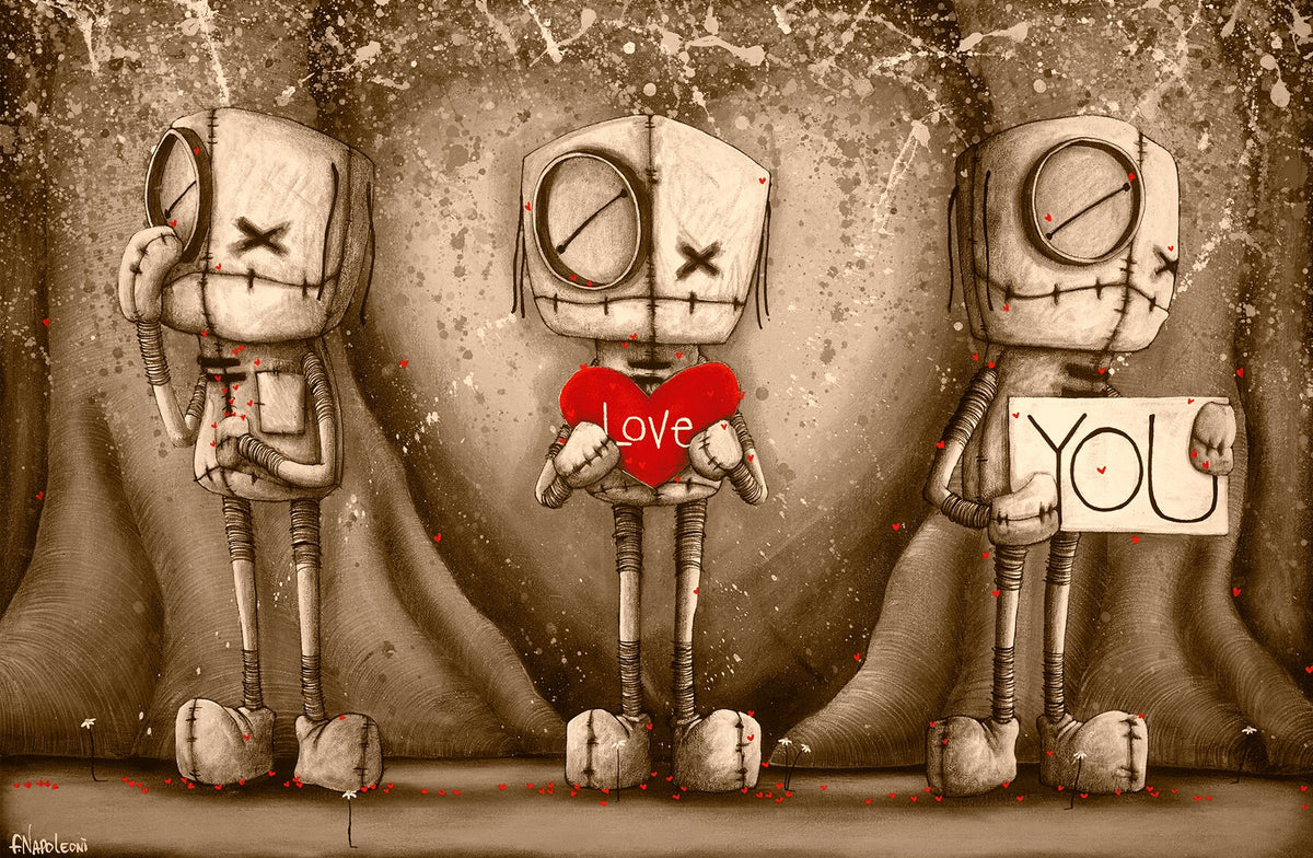 Three ragdoll figures stand against a textured background in sepia tones with red accents. The first is silent, the second shows a red heart with LOVE, and the third holds a sign saying YOU. This scene is captured in the product I Love You - Sepia.