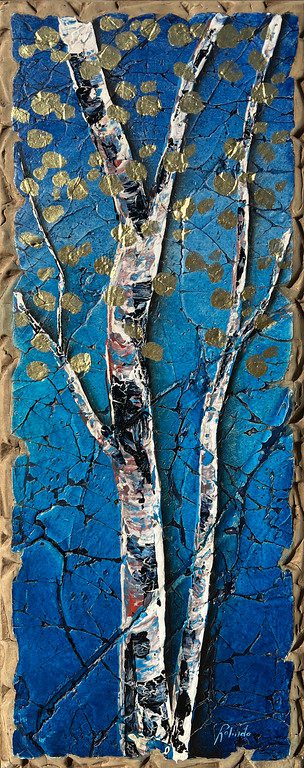 The Backstroke 4 features an abstract depiction of two white tree trunks and branches on a textured blue background, with gold circular shapes representing leaves that contrast with the vibrant backdrop. The trees are painted expressively with visible brush strokes.