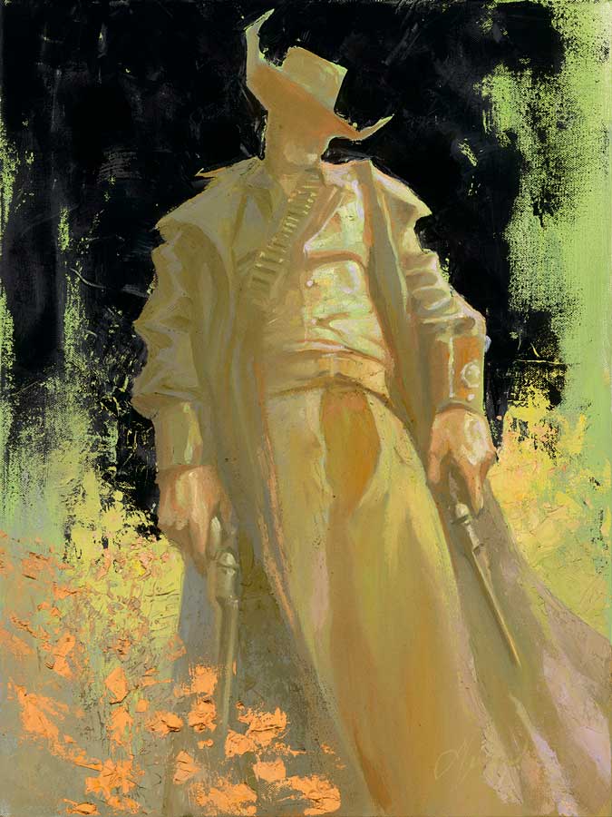 Im New at This, a captivating original oil on canvas by Gabe Leonard, features a faceless cowboy with two pistols, sporting a wide-brimmed hat and long coat. The abstract dark green and yellow background evokes a mysterious Wild West atmosphere.