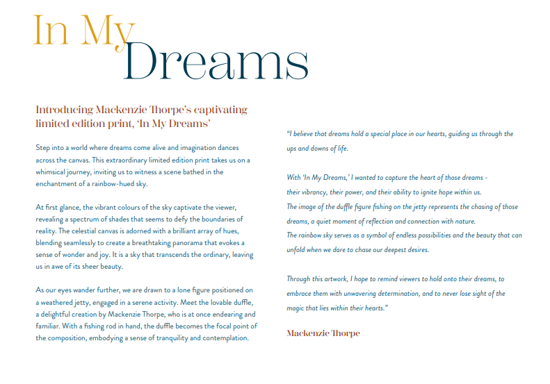 Text-based image introducing Mackenzie Thorpes limited edition print In My Dreams, reflecting on its inspiration from childhood innocence and sky motifs, with a quote on the transformative beauty and hope of dreams resembling a rainbow sunset.