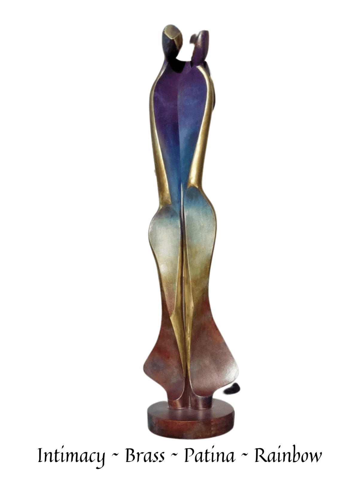 The Intimacy sculpture is a tall abstract brass piece featuring two entwined figures dancing with a rainbow patina finish, mounted on a circular base.