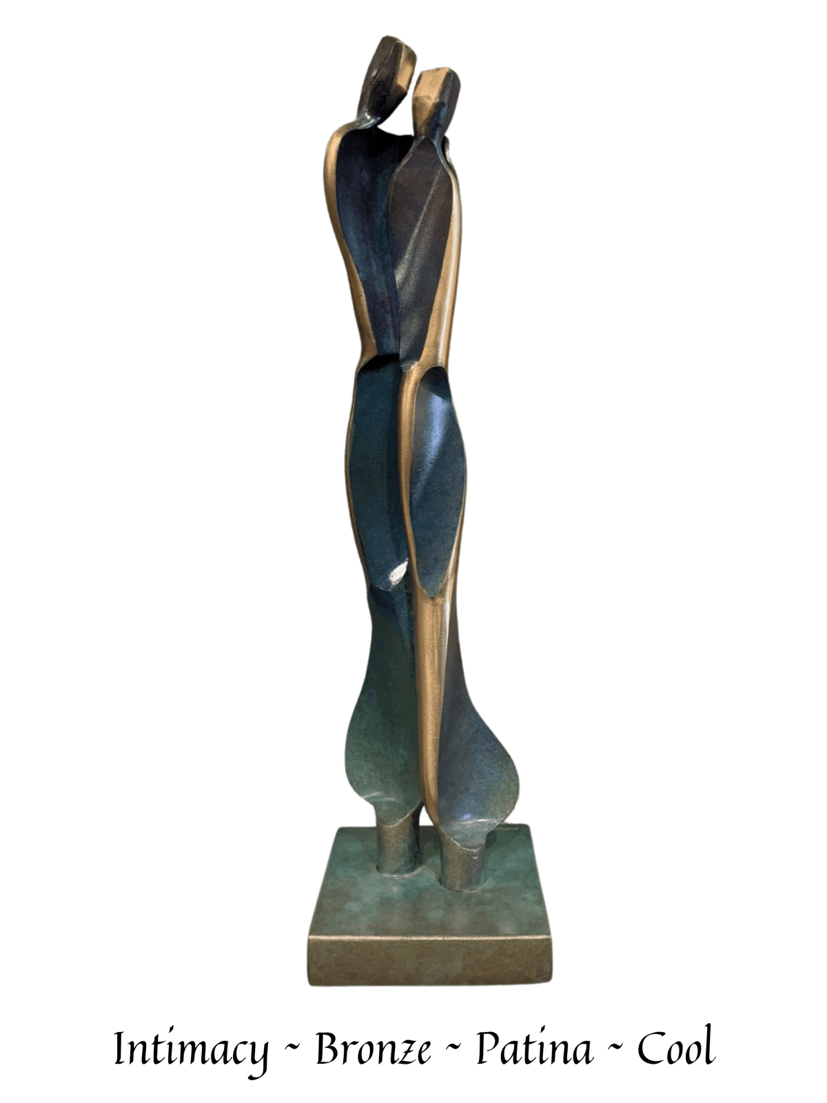 The bronze sculpture Intimacy features two intertwined figures with a patina finish. It has an elongated, stylized design on a square base, showcasing the mediums versatility.