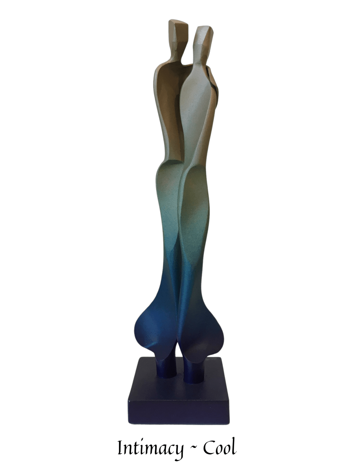 The Intimacy abstract sculpture features two elongated figures in green and blue, standing closely with smooth, flowing forms on a square base, captioned: Cool.