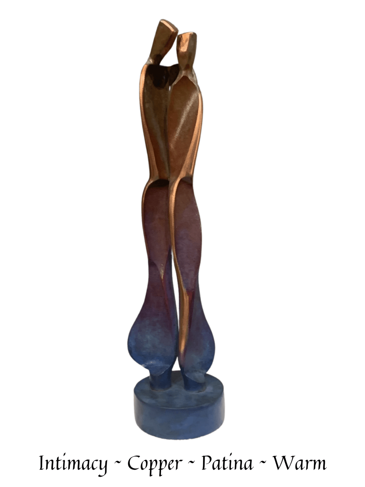 The sculpture Intimacy is a captivating copper artwork with a warm patina finish, depicting two figures embracing. Its abstract, tall design and circular base anchor the piece beautifully.