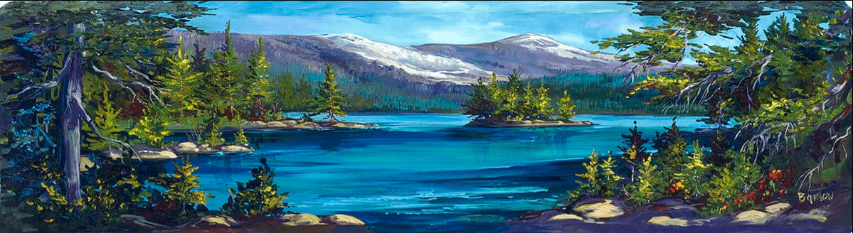 Steve Barton Arts Island Blue features a serene lake amid lush greenery and islands, with majestic snow-capped mountains in the background under a clear sky. Framed by trees on the sides, this vibrant landscape painting is a masterpiece available at Marcus Ashley Fine Art Gallery.