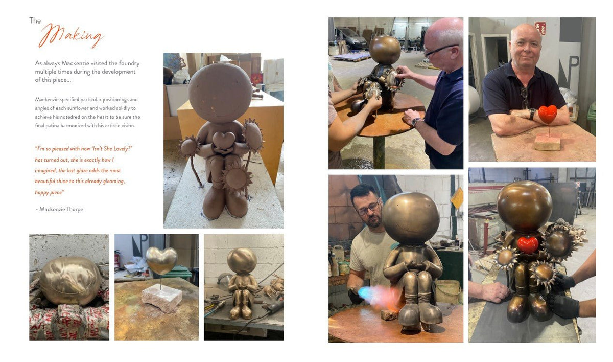 A collage of images showcases the creation of Isnt She Lovely, a bronze sculpture in Mackenzie Thorpes modern art style, featuring heart and sunflower details. It highlights the initial clay model, metal figures in production stages, and dedicated craftsmen engaged in their meticulous work.