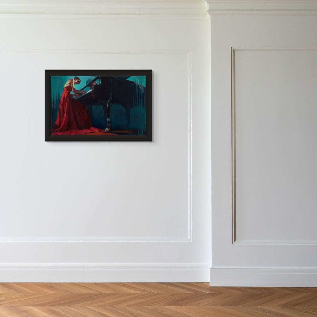 The framed artwork titled It Takes More Than Talent features a person in a red dress playing a grand piano against a white wall, symbolizing dedication, with light parquet flooring enhancing the rooms aesthetic.