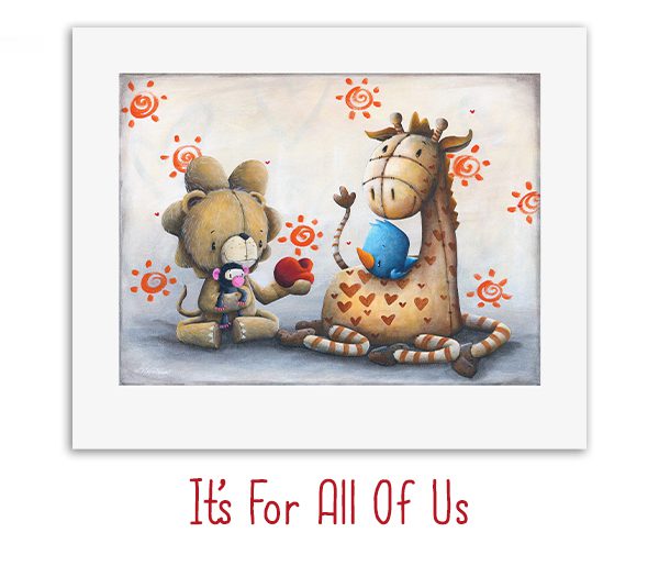 A whimsical illustration titled Its For All Of Us depicts a cute lion with a doll and a giraffe with a blue pacifier, set against orange swirl patterns. Inspired by Fabio Napoleonis art style, it radiates love and kindness.