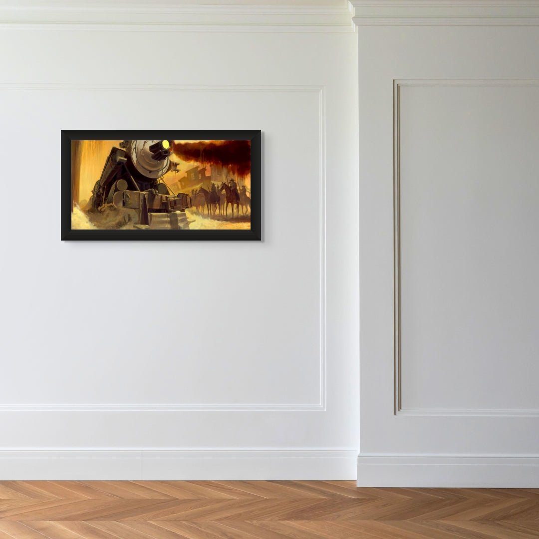 A minimalistic room with wooden herringbone flooring and white paneled walls features Its Shady Here, a Gabe Leonard framed artwork showcasing a steam engine and people on horseback amid vivid colors and dramatic clouds of smoke.