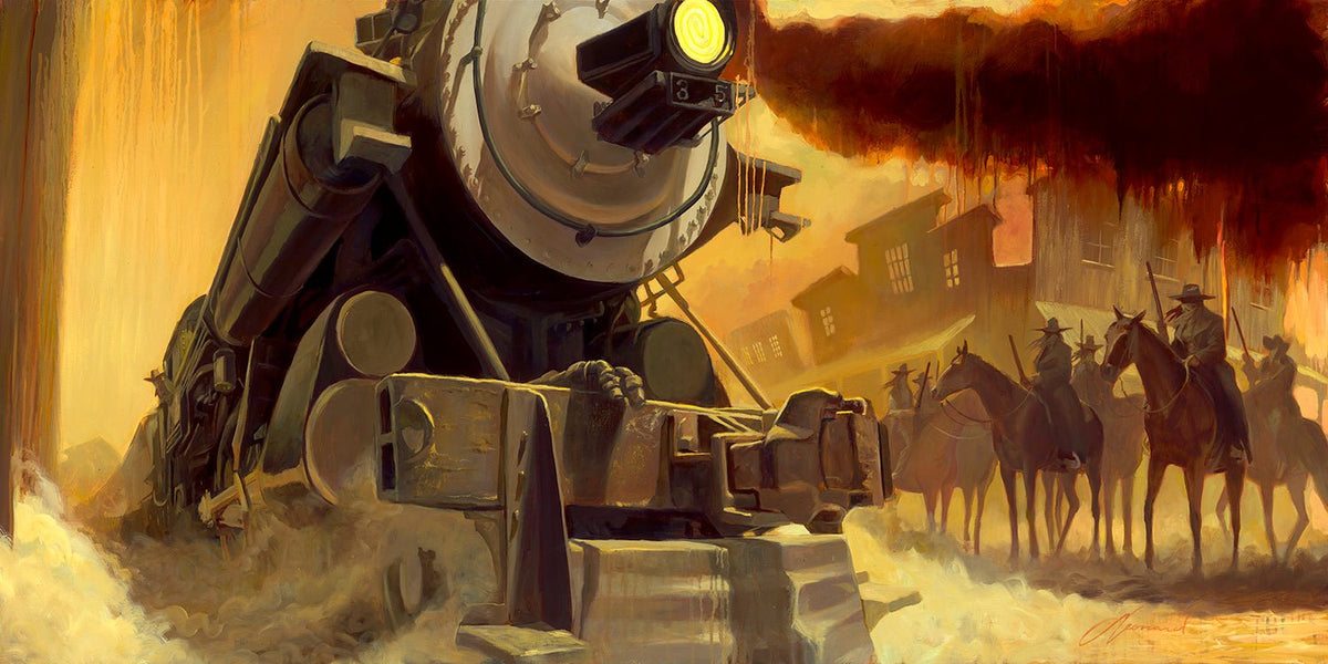 In Its Shady Here, a vintage steam engine dramatically emits smoke as it charges forward, echoing Gabe Leonards Western art. Cowboys on horseback are silhouetted against the sunset-lit sky, with buildings partially visible in the background.