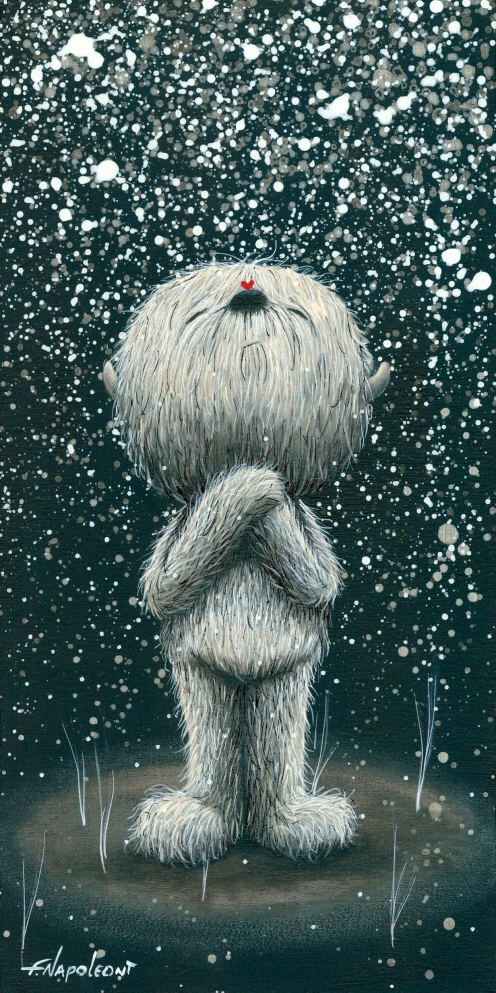 In I Want to Share This Feeling, a furry creature stands on grass, arms crossed, gazing at the stars in a giclée on canvas that embodies Fabio Napoleonis soulful style.