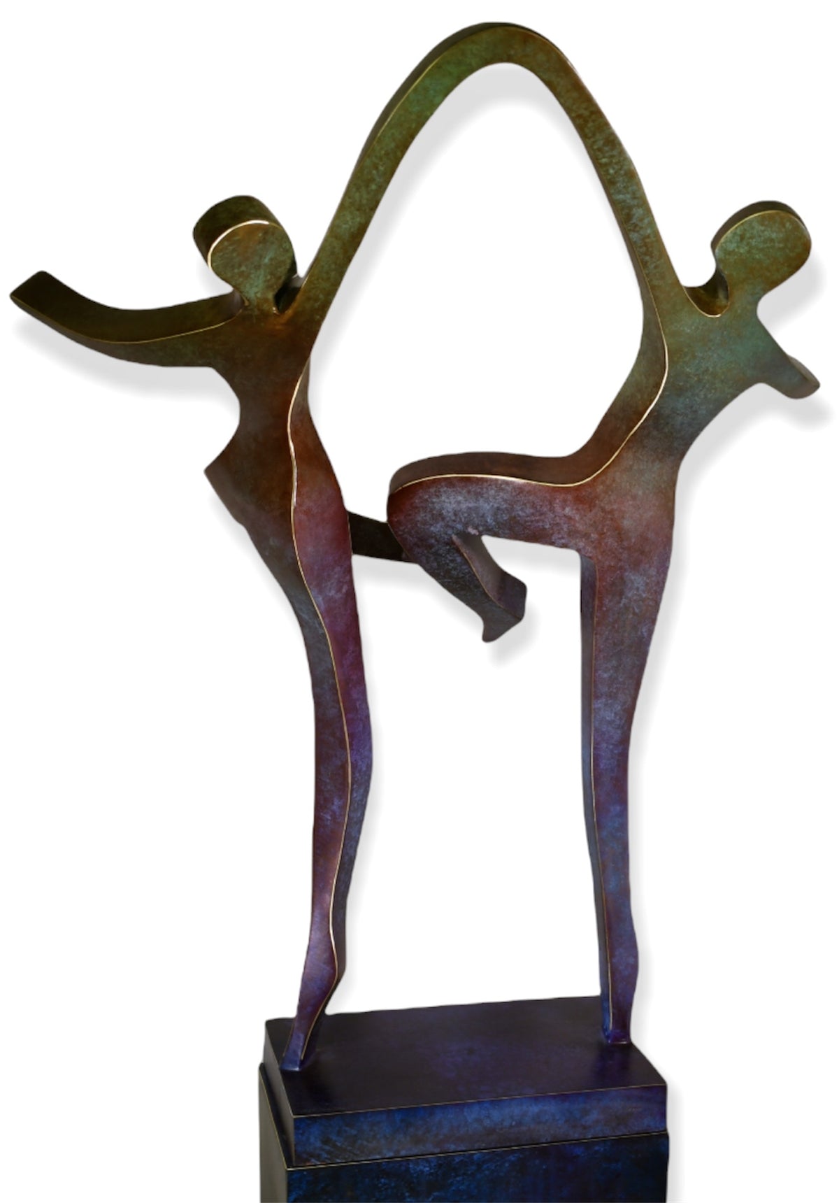 The Joyous Dancers - Brass sculpture features two abstract figures with smooth curves. One leaps, supported by a shared arch formed by their arms, standing on a rectangular pedestal base. This creates balance and movement in an intriguing artistic design.