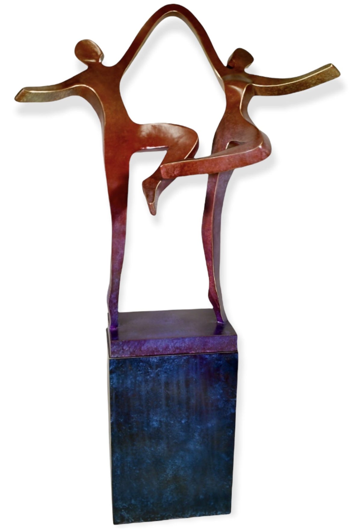 The Joyous Dancers - Brass features two abstract, joyful figures dancing on one leg with arms raised, mounted on a sleek dark pedestal that enhances their dynamic energy.