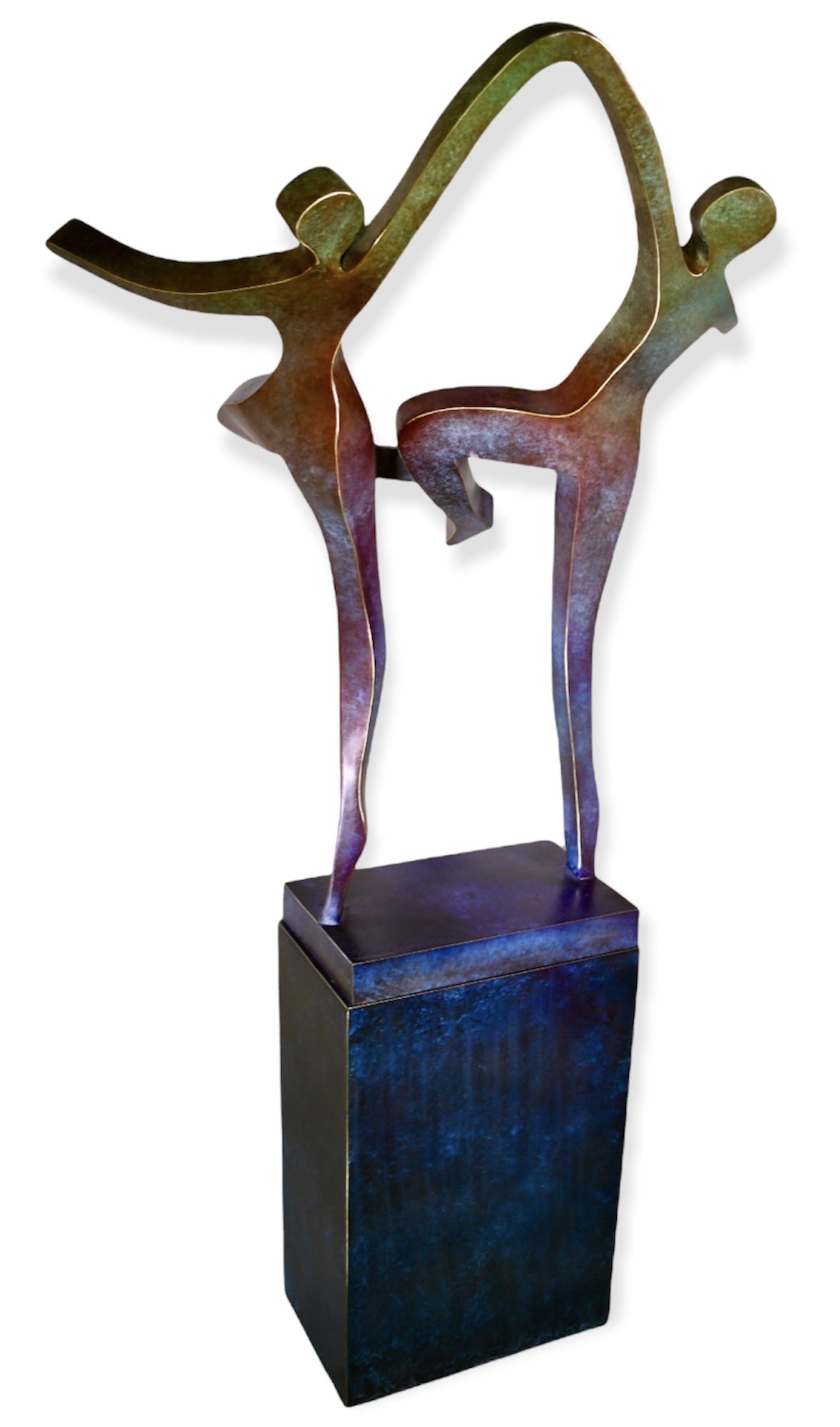 The Joyous Dancers - Brass is an abstract sculpture with two elongated figures in a dynamic pose, linked by a curved element on a dark rectangular base. Crafted to exude motion and balance, its perfect for the discerning art collectors collection.