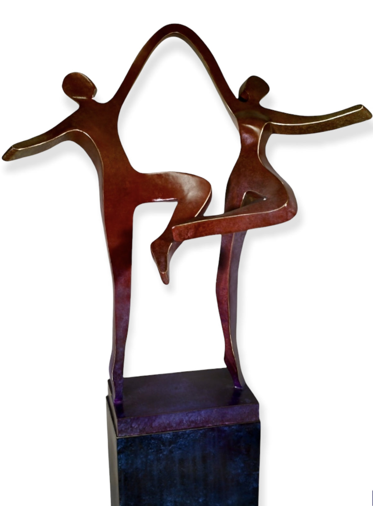 The Joyous Dancers - Brass sculpture features two abstract human figures dancing on a pedestal. Their elongated limbs and raised leg create an arch overhead, symbolizing balance and harmony.
