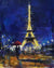 Beautiful City of Lights depicts an impressionist Paris cityscape of the Eiffel Tower at night, aglow with golden lights. Two people stroll under a red umbrella as reflections shimmer on wet cobblestones under a deep blue sky.