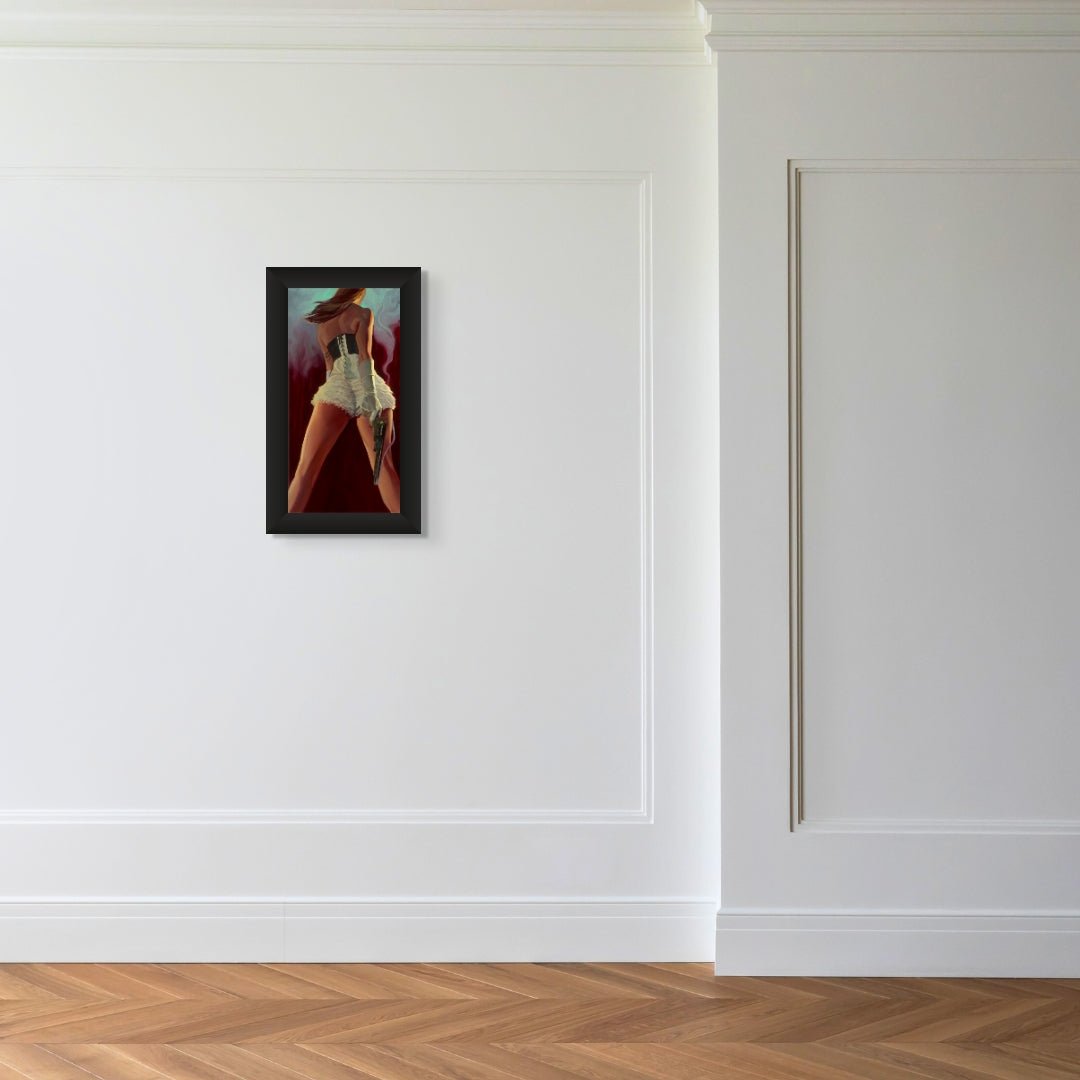A minimalist room with white paneled walls and a wooden floor features a single framed abstract painting titled Laced, reminiscent of Gabe Leonards vintage western drama and seductive figures in bold colors.