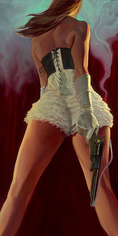 In the dramatic style reminiscent of Gabe Leonard, Laced captures a seductive figure with long hair, confidently posing in a corset and lace outfit. Holding a revolver amid swirling smoke, the bold stance embodies vintage western drama with striking color contrasts from behind.