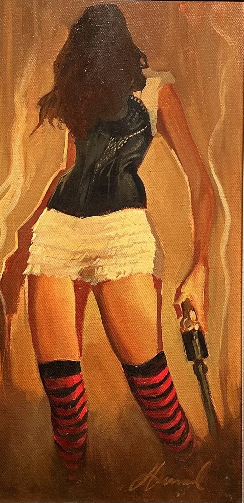 The Last Chance-Study painting by Gabe Leonard depicts a woman exuding a femme fatale allure, with her back turned. She wears a black top and red-and-black striped knee socks, her long hair cascading down as she holds a figurine against a warmly toned background.