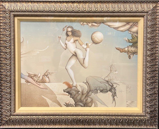 A framed painting titled Last Circus by Michael Parkes showcases a surreal scene of a central figure dancing or floating among abstract, mythical creatures and human figures. The muted colors create a dreamlike atmosphere, all encased in an ornate frame with intricate carvings.