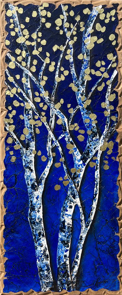 The Late Night Show features textured, slender white tree trunks with gold leaves against a deep blue background. The raised design creates depth, and the border showcases Bella Rottas signature rough, tactile finish.