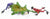 The Leaps and Bounds sculpture features a playful scene of two vibrant tree frogs, one in purple and the other red with black spots, engaging with a ceramic green leaf and whimsical mushrooms. Each frog is artfully placed at opposite ends of the leaf, reminiscent of a Frogman artists touch.