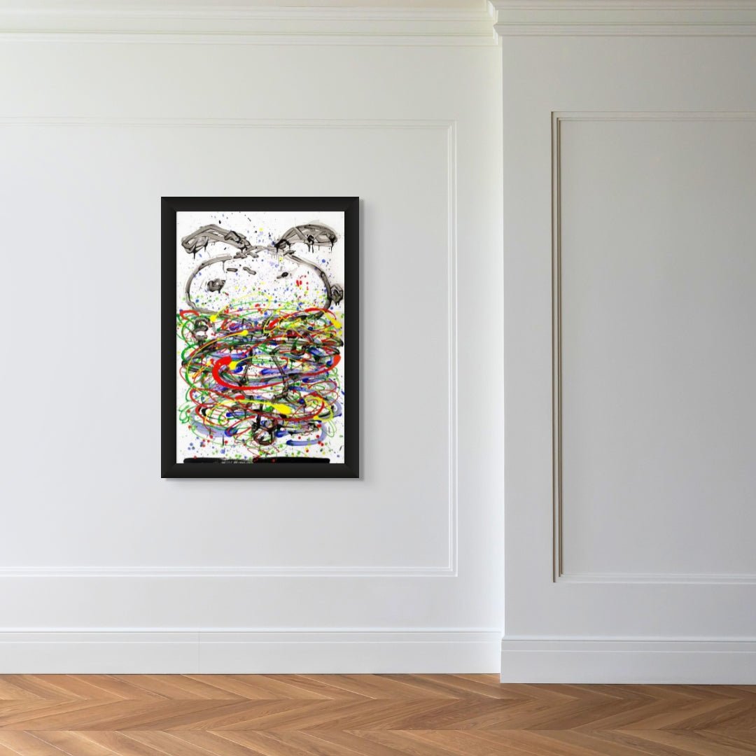 A painting named Little Fancy Blue, echoing pop art and Tom Everharts style, is displayed on a white paneled wall. It showcases colorful splatters and swirls framed in black, with the room featuring wooden flooring in a herringbone pattern.
