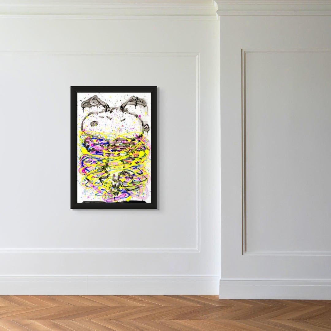 A framed abstract painting in Tom Everharts style with swirling yellow and purple hues and black splatter graces a white wall. Below, a herringbone-patterned wooden floor enhances the room, which is adorned with classical molding echoing Little Fancy Pink.