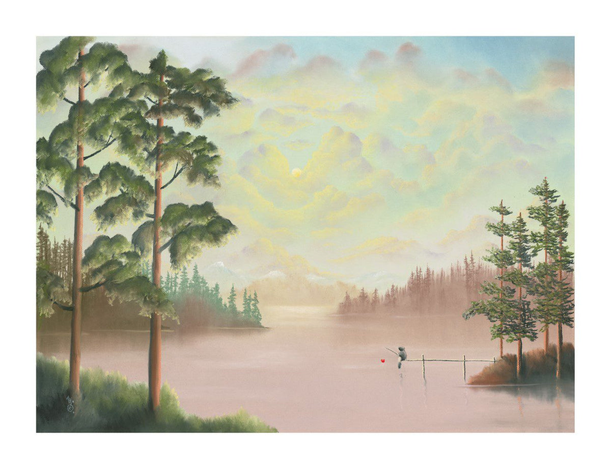 At sunrise, a tranquil lake scene with a person fishing from a dock is surrounded by tall trees and drifting mist. The sky reflects vibrant morning colors and soft clouds, reminiscent of Love and Peace by Mackenzie Thorpe.
