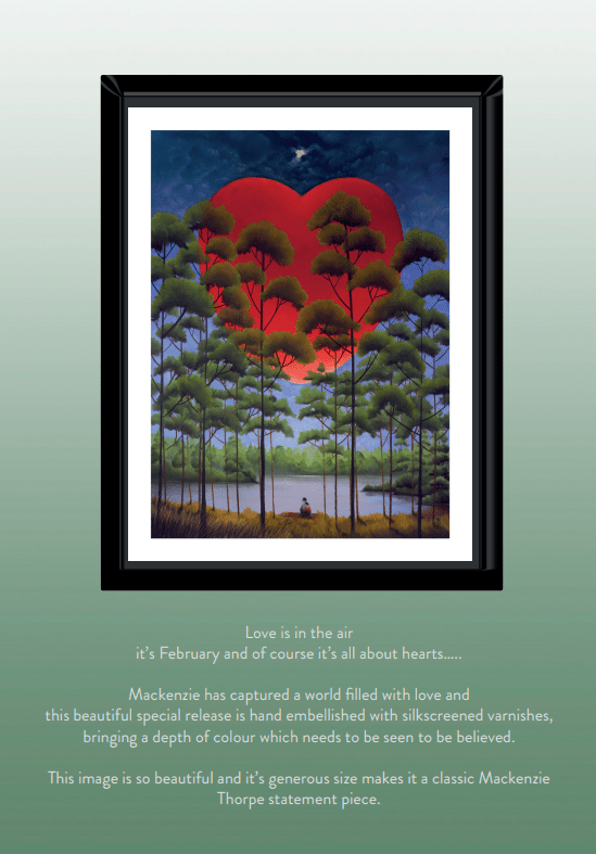 Love is in the Air by Mackenzie Thorpe shows a figure beside Lake Tahoe under towering trees and a red heart-shaped moon, capturing themes of love with unique artistry. Available at Marcus Ashley Gallery.
