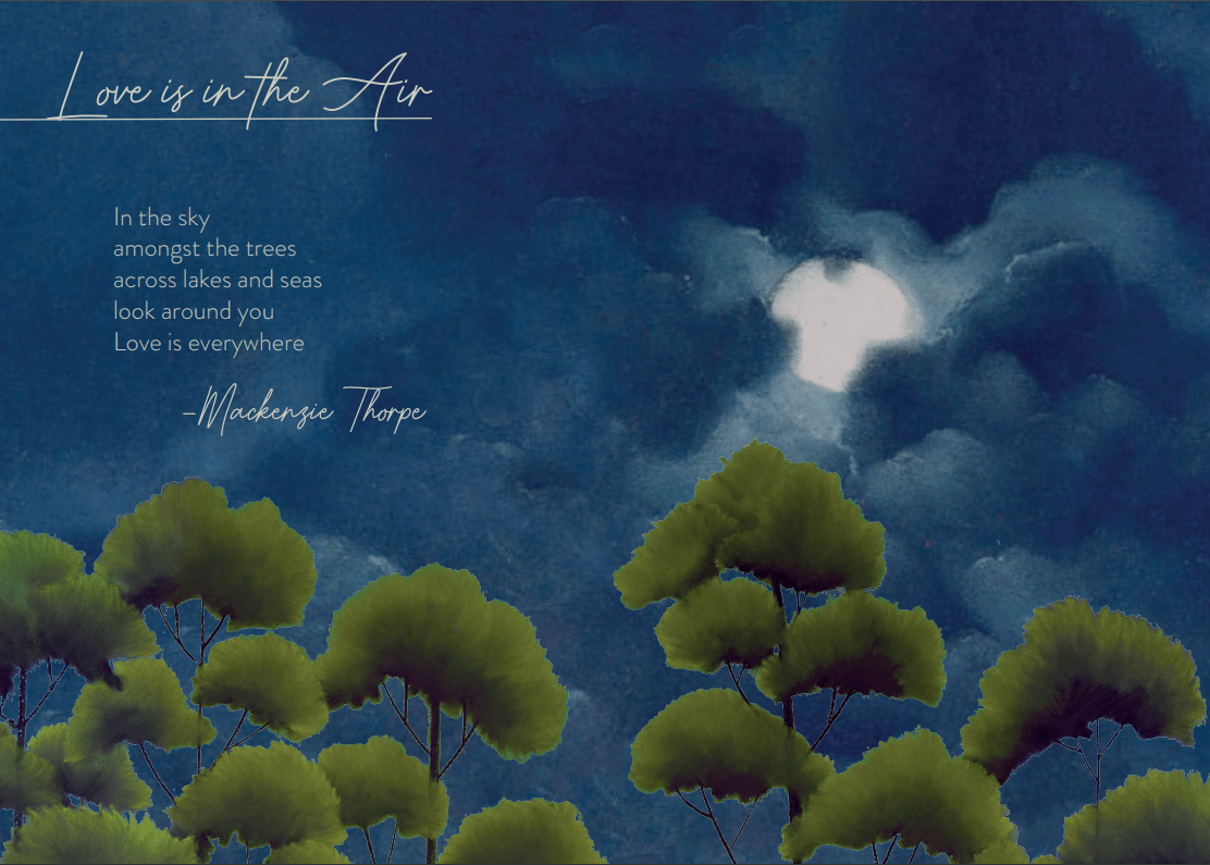 An illustrated night sky with cloud-veiled full moon casts a gentle glow on lush trees. Love is in the Air, reflecting Mackenzie Thorpes style, whispers of loves presence—even at Lake Tahoe.