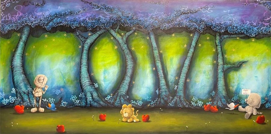 Love One and All by Marcenvino showcases trees forming LOVE in a whimsical forest. Two cartoon figures sit with a toy lion among red apples, one holding a ONE LOVE sign amid floating hearts, reminiscent of Fabio Napoleonis enchanting style.