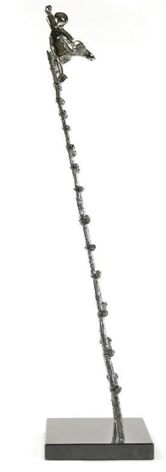 The limited edition Love Picker - Stainless sculpture by Mackenzie Thorpe shows a figure climbing a detailed, textured pole. Rugged notches emphasize the ascent and effort as the figure nears the top, elegantly mounted on a black base.